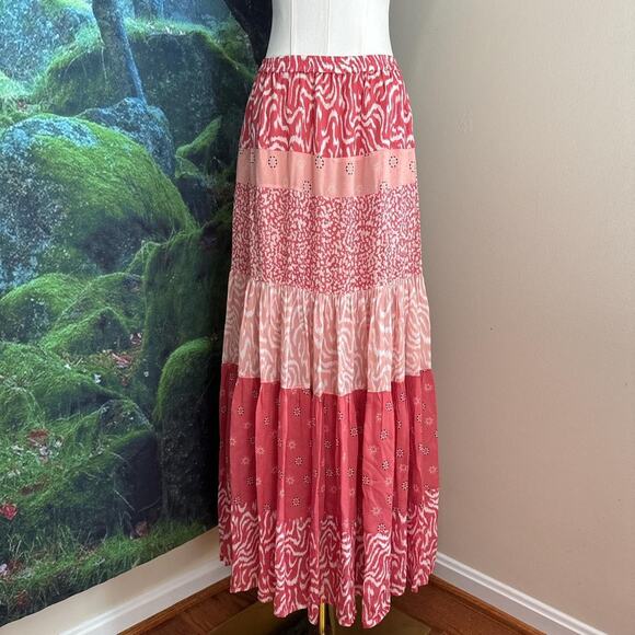 dolan red boho patchwork tiered maxi skirt - Picture 2 of 6